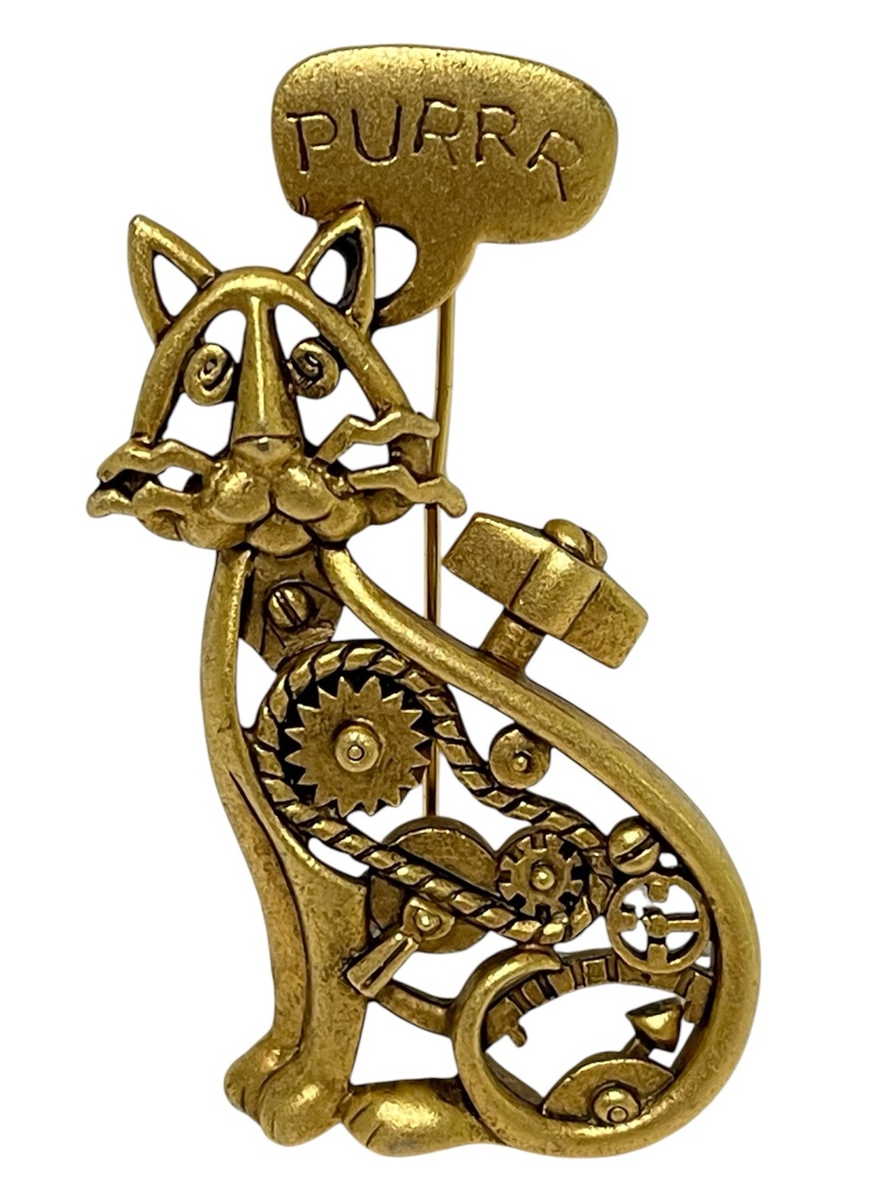 Vintage AJC Gold Tone PURRR Mechanical Kitty Cat Brooch Pin American Jewelry Co